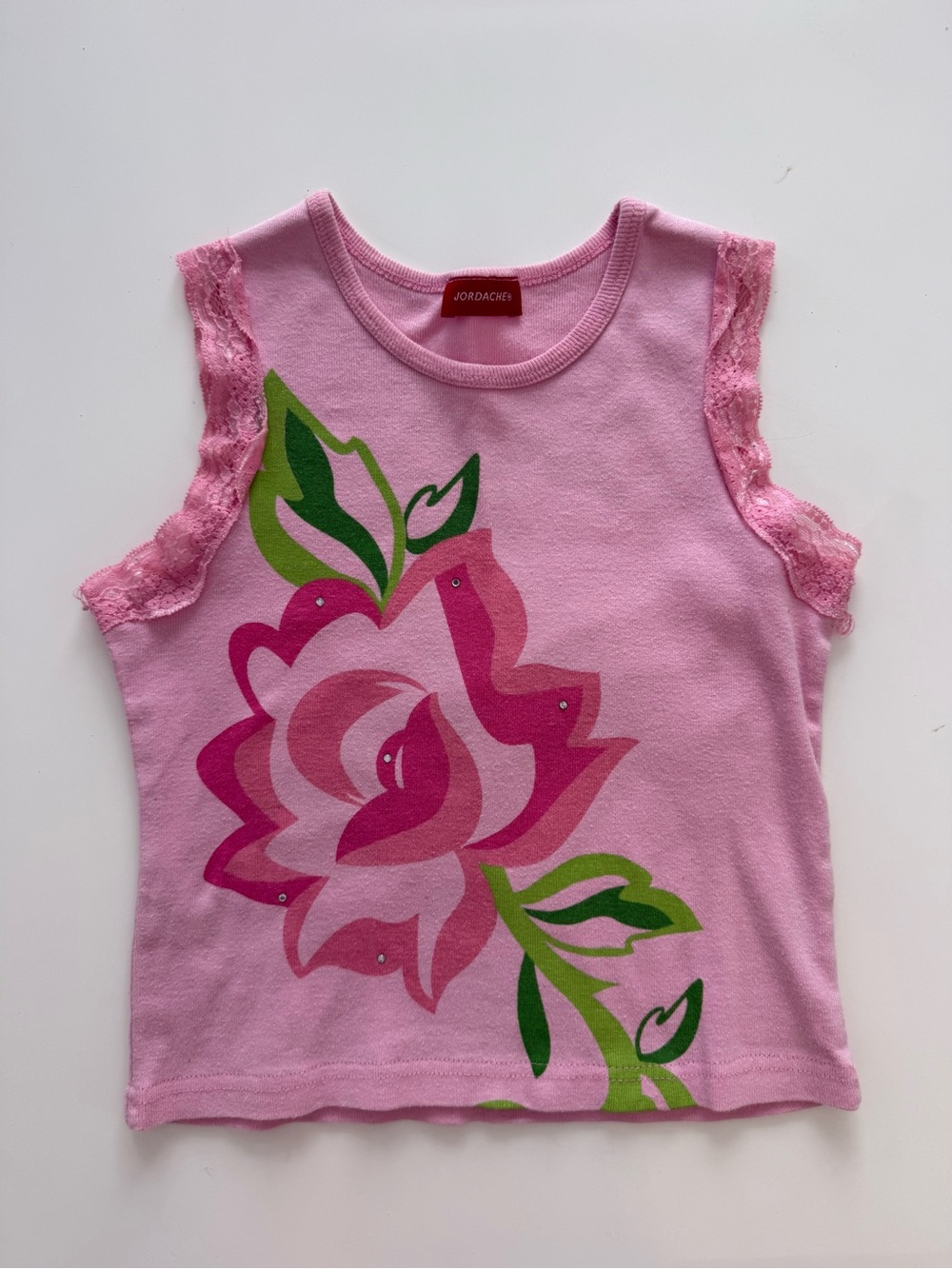 Y2K Jordache Pink Floral Lace-Trim Tank Top